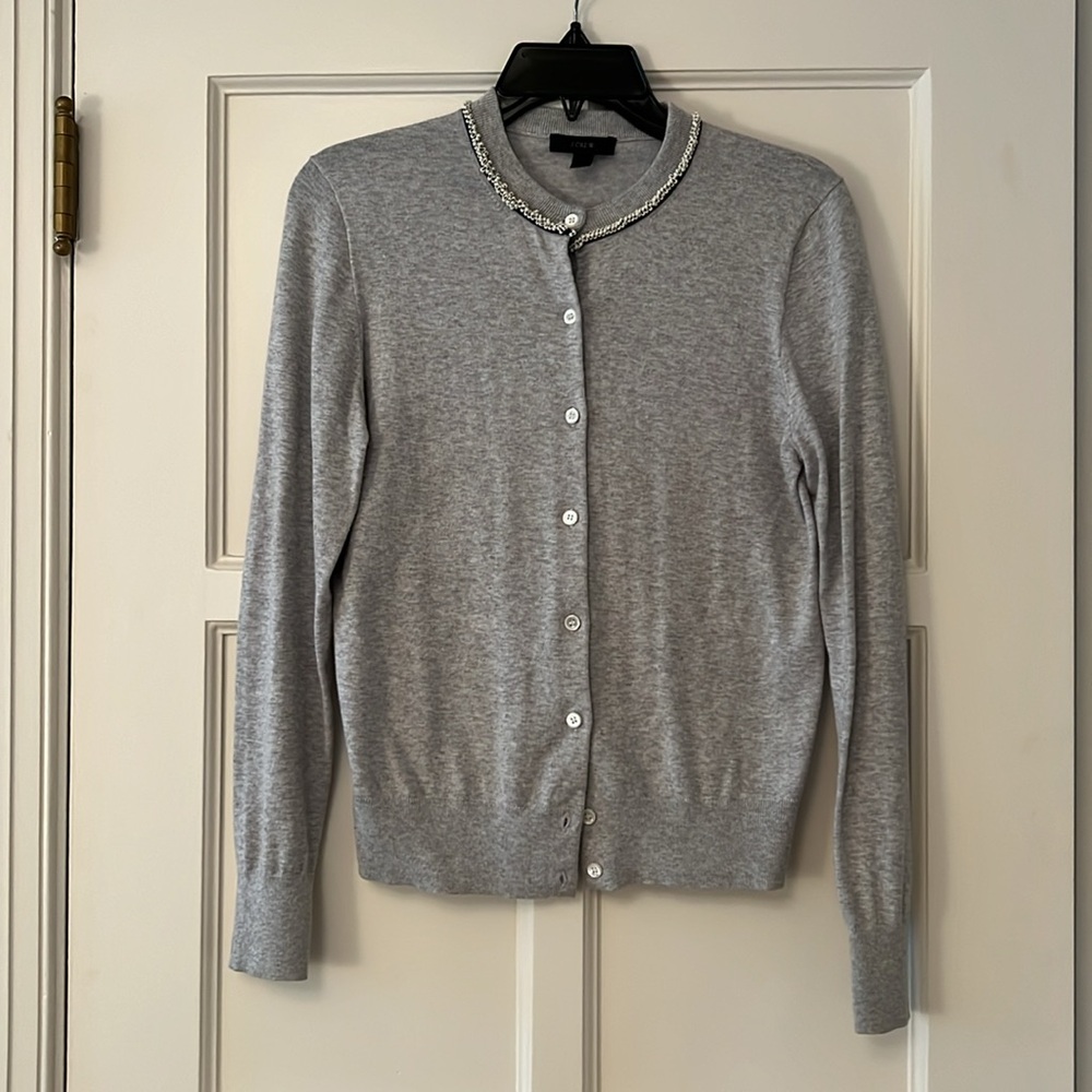 Gray J Crew Button-Up Women's Sweater w/Bead Detail on Collar